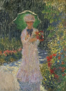 Hand-painted Camille with Green Parasol reproduction by Claude Monet – textured brushstrokes of a billowing white dress.