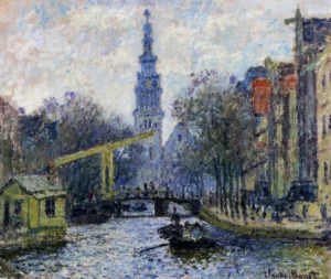 Hand-painted Canal in Amsterdam reproduction by Claude Monet – textured brushstrokes of a ferry on the water.