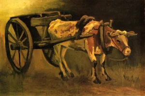 Cart with Red and White Ox – Rustic – Impasto Canvas