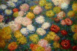 Hand-painted Chrysanthemums reproduction by Claude Monet – vibrant pink petals with textured brushstrokes.