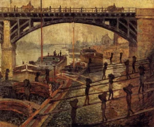 Hand-painted Coal Dockers reproduction by Claude Monet – workers on planks with textured brushstrokes – oil on linen