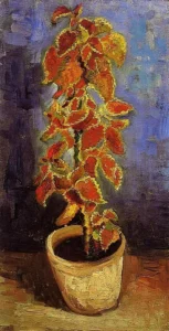 Hand-painted Coleus Plant in a Flowerpot reproduction by Vincent Van Gogh – vibrant leaves with textured brushstrokes.