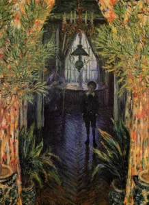 Hand-painted Corner of the Apartment reproduction by Claude Monet – a boy near green plants with textured brushstrokes.