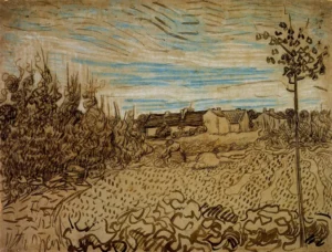 Hand-painted Cottages with a Woman reproduction by Van Gogh – earthy tones and textured brushstrokes.