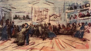Hand-painted Dance-hall reproduction by Vincent Van Gogh – colorful figures and textured brushstrokes on linen.