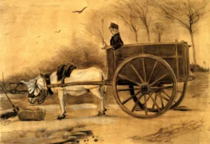 Hand-painted Donkey and Cart reproduction by Vincent Van Gogh – a wooden cart with textured brushstrokes.