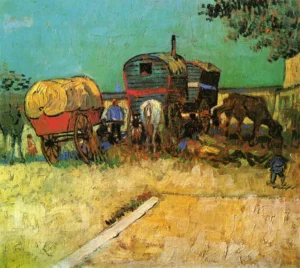 Hand-painted Encampment of Gypsies with Caravans reproduction by Van Gogh – colorful wagons with textured brushstrokes.