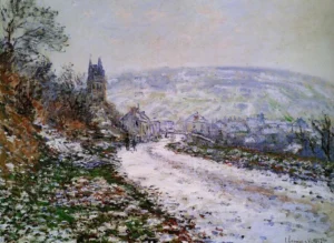 Hand-painted Entering the Village of Vetheuil in Winter reproduction by Claude Monet – snowy path, textured brushstrokes.
