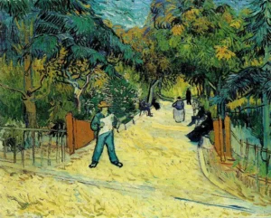 Hand-painted Entrance to the Public Garden in Arles reproduction by Van Gogh – leafy trees with textured brushstrokes