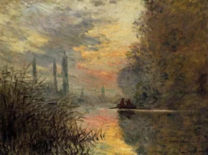 Hand-painted Evening at Argenteuil reproduction by Claude Monet – glowing sky and textured brushstrokes.