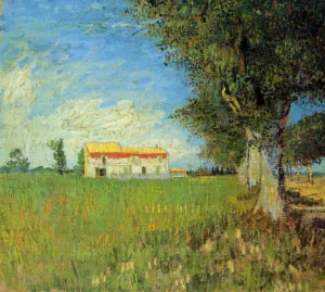 Hand-painted Farmhouse in a Wheat Field reproduction by Vincent Van Gogh – golden fields with textured brushstrokes.