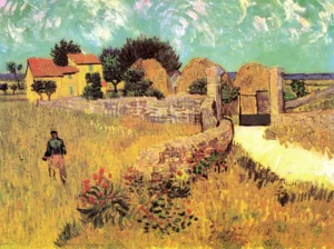 Hand-painted Farmhouse in Provence reproduction by Vincent Van Gogh – golden haystacks and textured brushstrokes.
