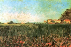 Hand-painted Farmhouses in a Wheat Field Near Arles reproduction by Van Gogh – textured brushstrokes of golden grain.