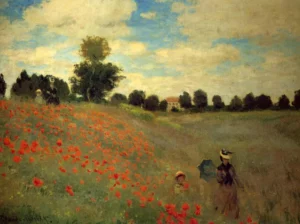 Hand-painted Field of Poppies reproduction by Claude Monet – vibrant red dabs and textured brushstrokes.