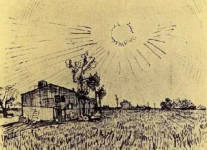 Hand-painted Field with Houses reproduction by Vincent Van Gogh – a golden sun and textured brushstrokes.