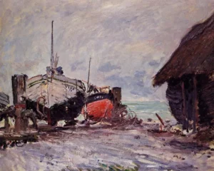 Hand-painted Fishing Boats at Etretat reproduction by Claude Monet – beached boats with textured brushstrokes
