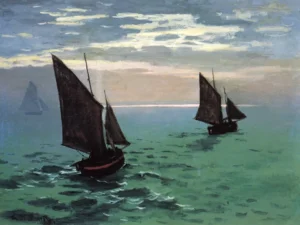 Fishing Boats at Sea - Nautical - Textured Canvas hand-painted oil painting by DafenArts
