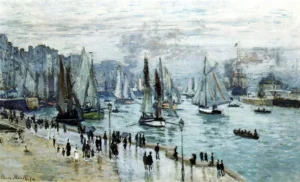 Hand-painted Fishing Boats Leaving the Harbor by Claude Monet – billowed sails and textured brushstrokes.