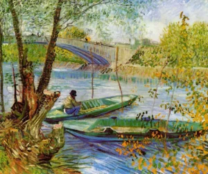 Hand-painted Fishing in the Spring reproduction by Vincent Van Gogh – boat on water with textured brushstrokes.