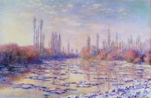 Hand-painted Floating Ice on the Seine reproduction by Claude Monet – textured brushstrokes of icy river floes.