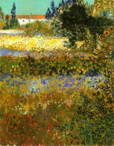 Hand-painted Flowering Garden reproduction by Vincent Van Gogh – vibrant blooms with textured brushstrokes.