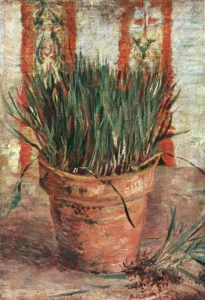Hand-painted Flowerpot with Chives reproduction by Vincent Van Gogh – green chives in a pot with textured brushstrokes.