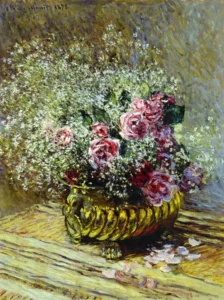 Hand-painted Flowers in a Pot reproduction by Claude Monet – vibrant red blooms and textured brushstrokes.