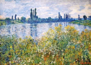 Hand-painted Flowers on the Banks of Seine reproduction by Monet – yellow wildflowers and textured brushstrokes.