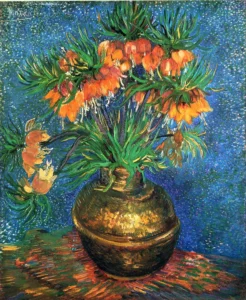 Hand-painted Fritillaries in a Copper Vase reproduction by Vincent Van Gogh – vibrant orange flowers with textured brushstrokes.