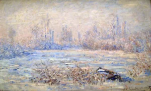 Hand-painted Frost near Vetheuil reproduction by Claude Monet – icy river and textured brushstrokes on linen