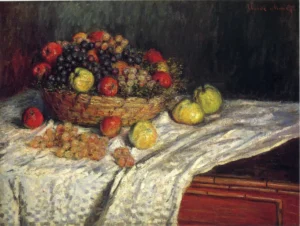 Hand-painted Fruit Basket with Apples and Grapes reproduction by Claude Monet – vibrant fruit and textured brushstrokes.