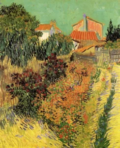 Hand-painted Garden Behind a House reproduction by Vincent Van Gogh – lush green foliage with textured brushstrokes.