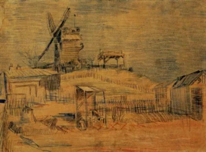 Hand-painted Gardens on Montmartre reproduction by Vincent Van Gogh – windmill with textured brushstrokes.