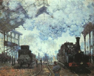 Hand-painted Gare St.-Lazare reproduction by Claude Monet – billowing steam and textured brushstrokes.