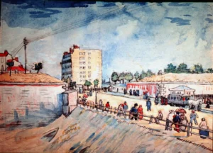 Hand-painted Gate in the Paris Ramparts reproduction by Vincent Van Gogh – textured brushstrokes show a horse-drawn tram.