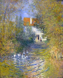 Hand-painted Geese in the creek reproduction by Claude Monet – white birds with textured brushstrokes in water.