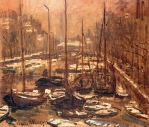 Hand-painted Geldersekade in Amsterdam reproduction by Claude Monet – icy canal scene with textured brushstrokes.