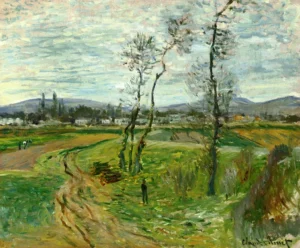 Hand-painted Gennevilliers Plain reproduction by Claude Monet – textured brushstrokes of a breezy spring landscape.