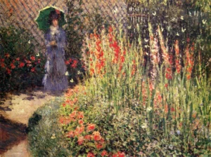 Hand-painted Gladioli reproduction by Claude Monet – vibrant red blossoms and textured brushstrokes on linen.