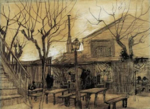 Hand-painted Guinguette reproduction by Vincent Van Gogh – vibrant outdoor tables and textured brushstrokes.