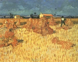 Hand-painted Harvest in Provence reproduction by Vincent Van Gogh – azure sky and textured brushstrokes on linen.