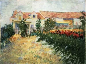 Hand-painted House with sunflowers reproduction by Vincent Van Gogh – gold petals with textured brushstrokes.