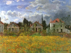 Hand-painted Houses at Argenteuil reproduction by Claude Monet – lush garden trees and textured brushstrokes.