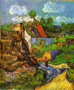 Hand-painted Houses in Auvers 2 reproduction by Vincent Van Gogh – thatched roofs with textured brushstrokes.