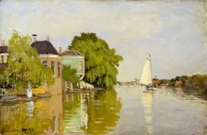 Hand-painted Houses on the Achterzaan reproduction by Claude Monet – river reflections and textured brushstrokes.