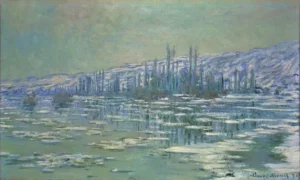 Hand-painted Ice Floes on Siene reproduction by Claude Monet – icy blue river with textured brushstrokes.