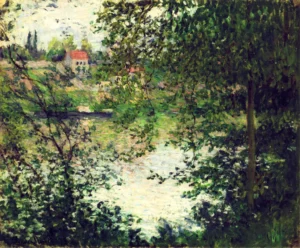 Hand-painted Ile de La Grande Jatte Through the Trees by Monet – textured brushstrokes of green spring foliage.