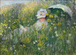 Hand-painted In the Meadow reproduction by Claude Monet – a woman in white sits in wildflowers with textured brushstrokes.