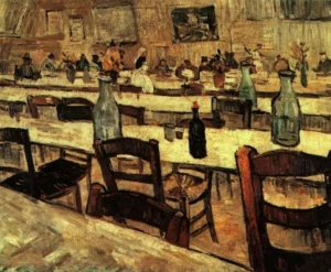 Hand-painted Interior of a Restaurant in Arles reproduction by Van Gogh – yellow tables with textured brushstrokes