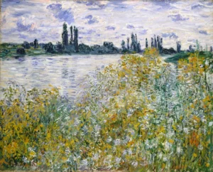 Hand-painted Isle of Flowers reproduction by Claude Monet – vibrant river landscape with textured brushstrokes.